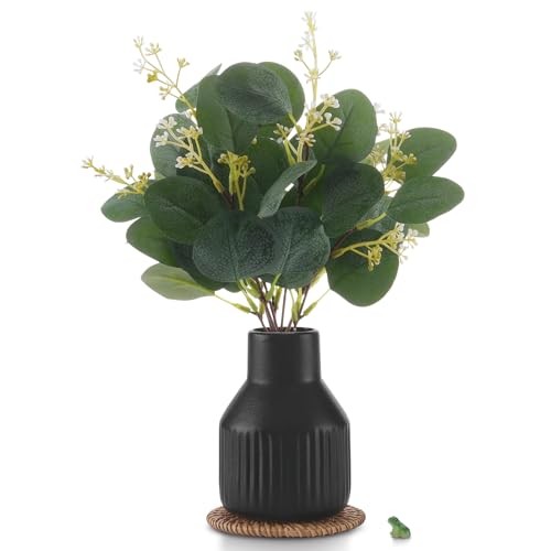 Artificial Eucalyptus Greenery Stems in Ceramic Vase,10Pcs Fake Plants Black