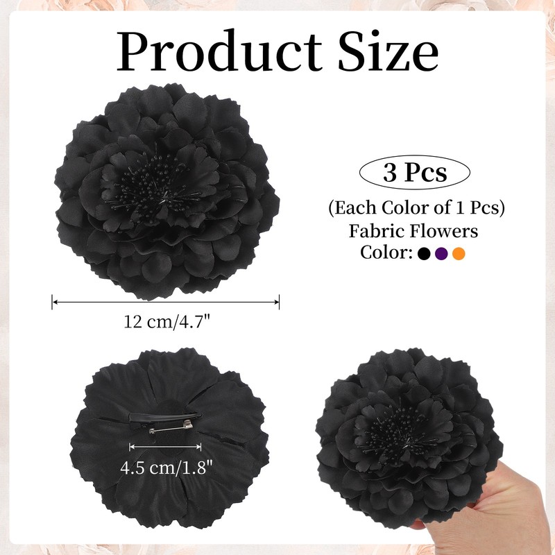 3 Pcs Peony Flowers Hair Clip, 4.7" Artificial Flower, Black/Purple/Orange gallery