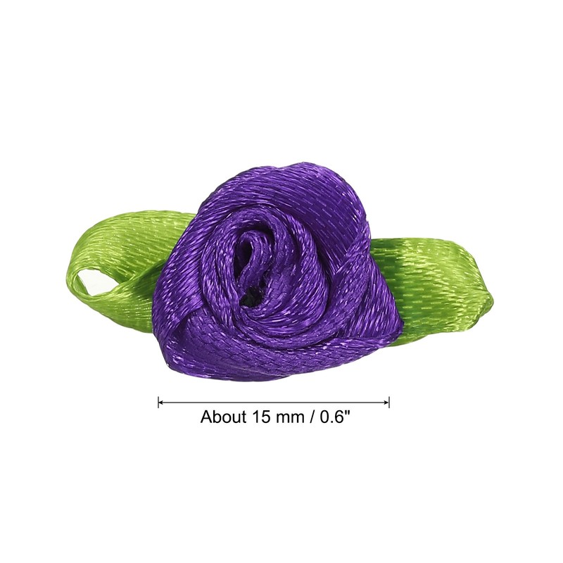 Mini Ribbon Roses, 100 Pcs Tiny Satin Fabric Flowers with Green Leaves, Purple gallery