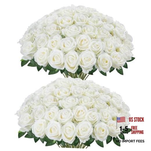 Pcs Roses Artificial Flowers, Fake Velvet Silk Rose Bulk Faux Flower 50 White