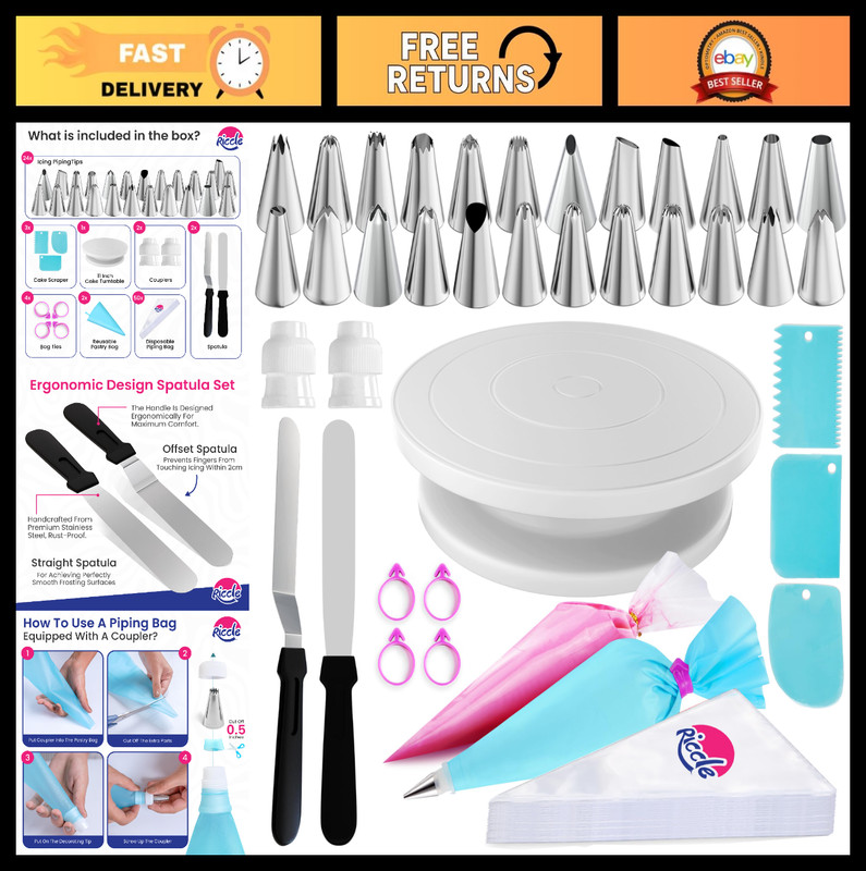 88 Pcs Cake Decorating Kit with Turntable, Piping Bags, Tips, Spatulas & Scraper