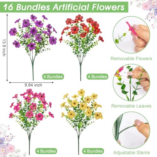 Artificial Flowers for Outdoors, 16 Bundles UV Purple Fuchsia Red Yellow gallery