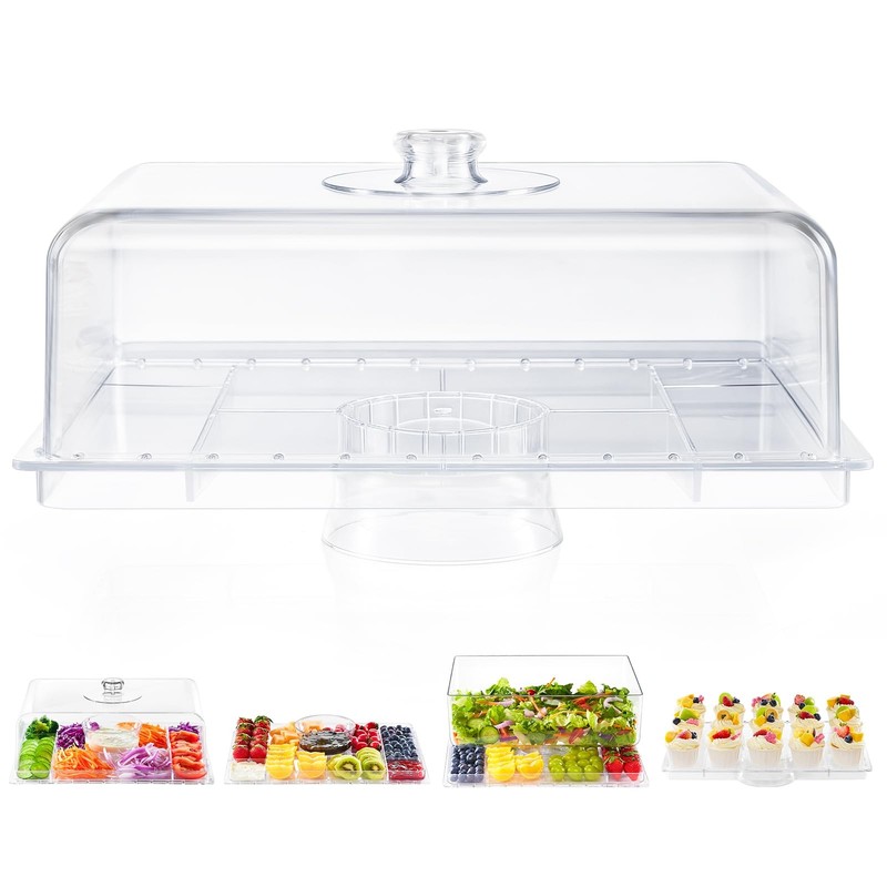 Cake Stand with Lid-Extra Large 17″ Rectangular Cake Holder,8-in-1 Multi-Func…