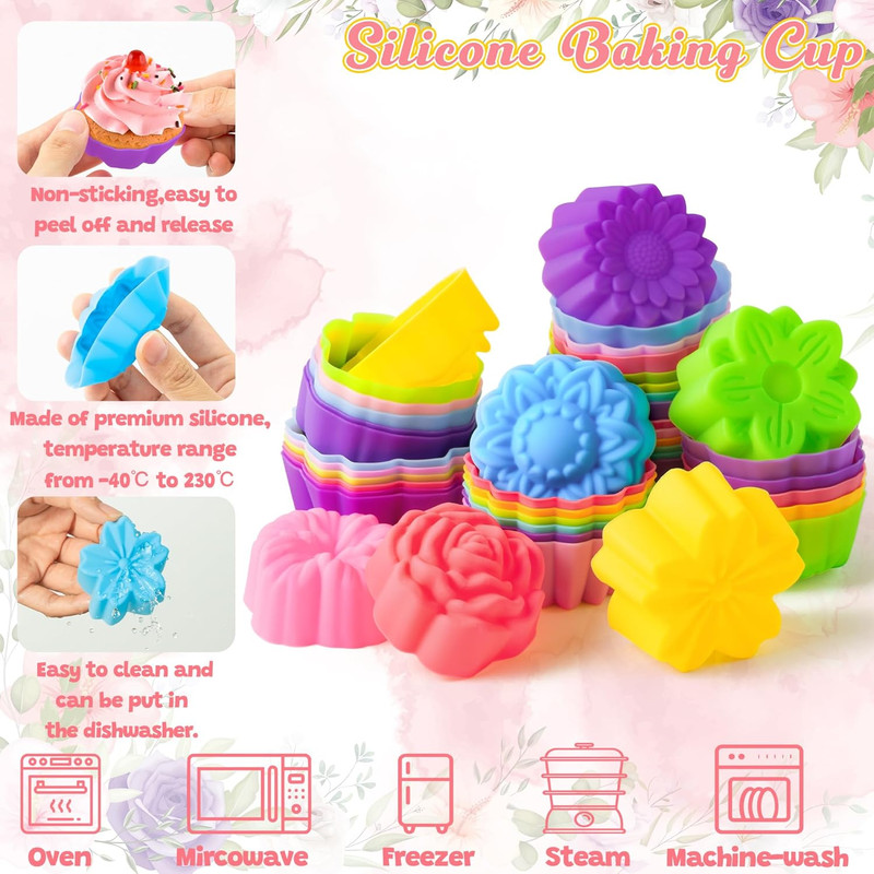 42 Pack Mini Silicone Cupcake Molds Multi Flower Shaped Baking Cups Non-Stick... gallery