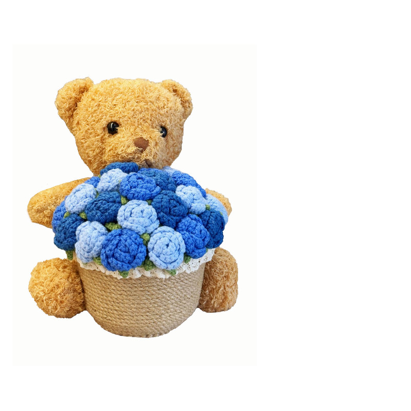 Threeboy Crochet Rose Bouquet Artificial Flowers Vase Cute Plush Bear Kit