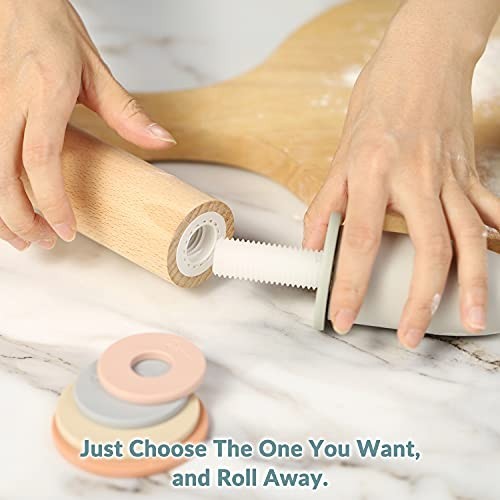 Adjustable Wood Rolling Pin with 5 Thickness Rings - Dough Roller for Baking, Pi gallery