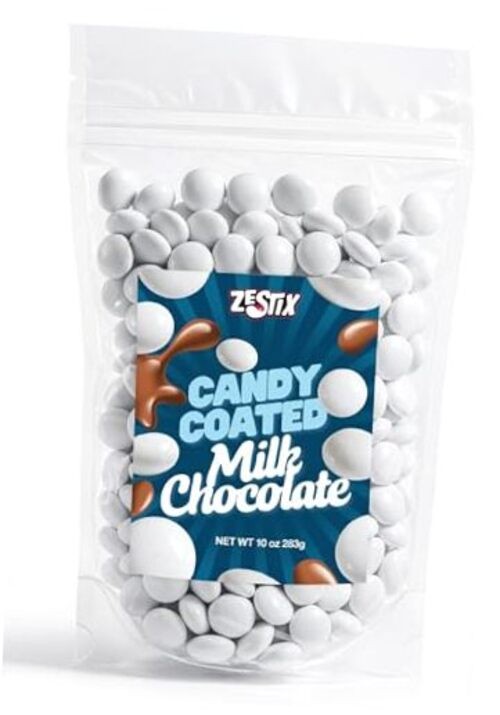 White Candy Coated Milk Chocolate Bag, Crunchy Chocolate Bites, Sweet 10 oz