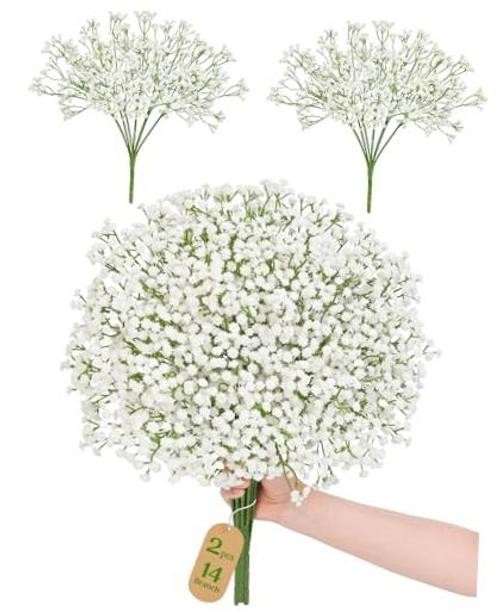 14 Branches Babys Breath Artificial Flowers, 2 Bundles Real 2 Packs White