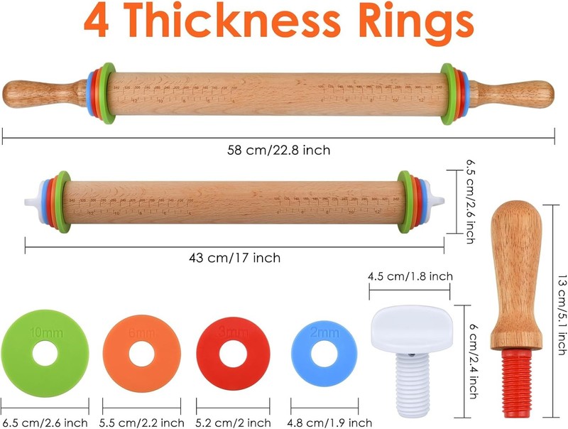 Rolling Pin with 4 Adjustable Thickness Rings and Long Handle 13.6 Inch Woode... gallery