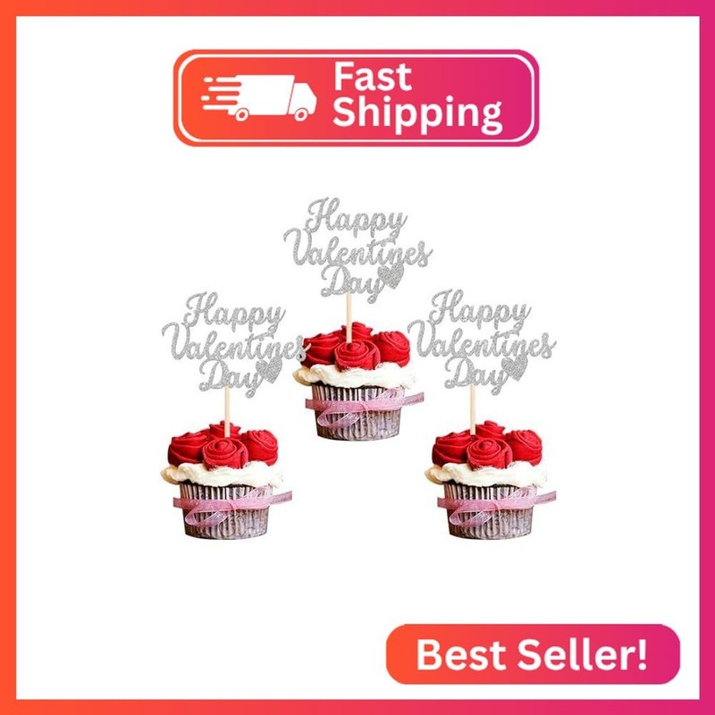 24 PCS Happy Valentine’s Day Cupcake Toppers – Glitter Sweet Love Heart Picks –