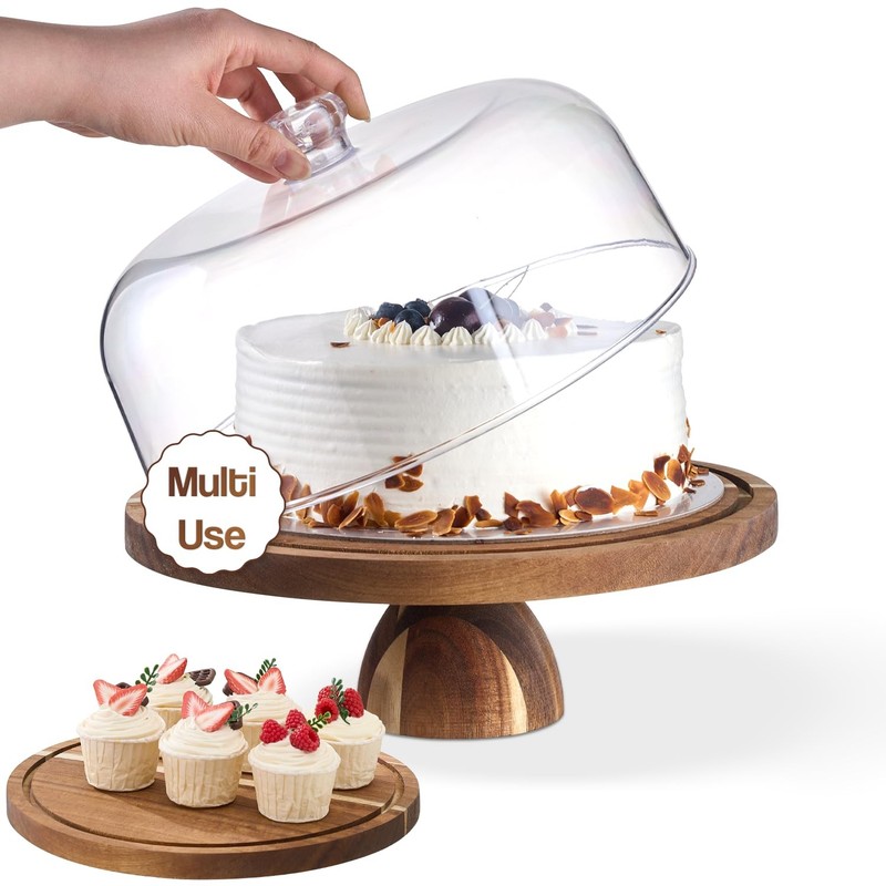 Soporte para pasteles de madera de acacia con tapa – Soporte redondo postres