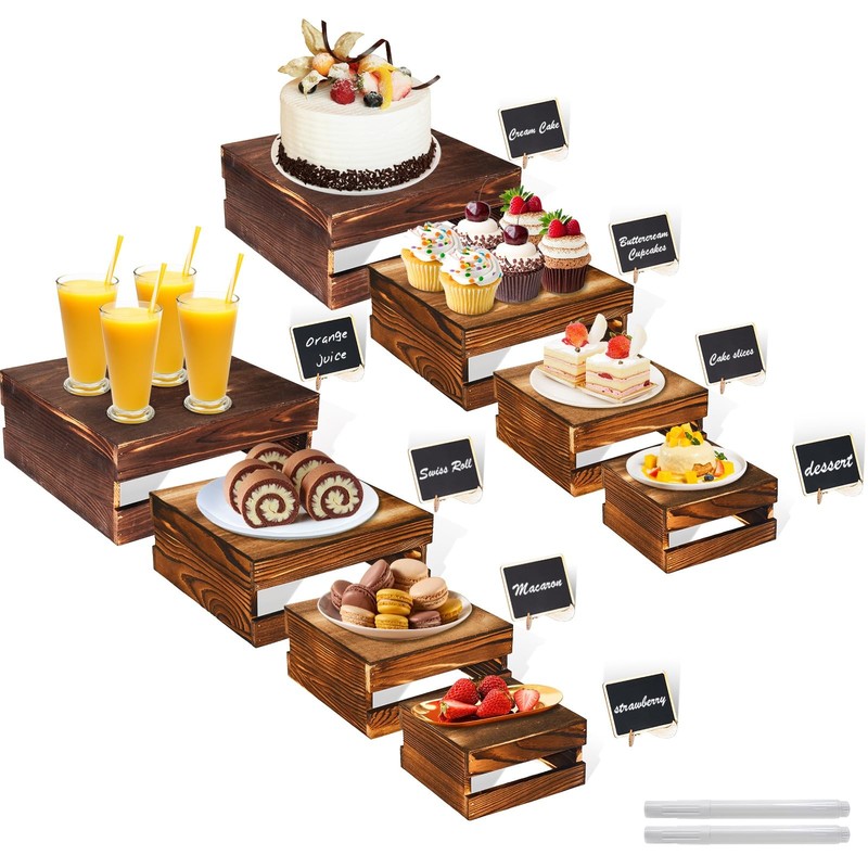 8 Pcs Buffet Risers with Mini Signs, Rustic Wood Cake Stands, Food Risers for…