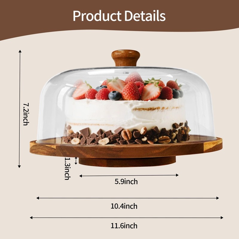 Rotating-Wood-Cake-Stand With Acrylic Dome Lid, Round Wooden Cake Holder Plat... gallery