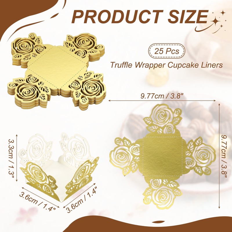 25Pcs 1.4x1.4" Rose Shape Truffle Wrapper Cupcake Liners for Decor, Gold gallery