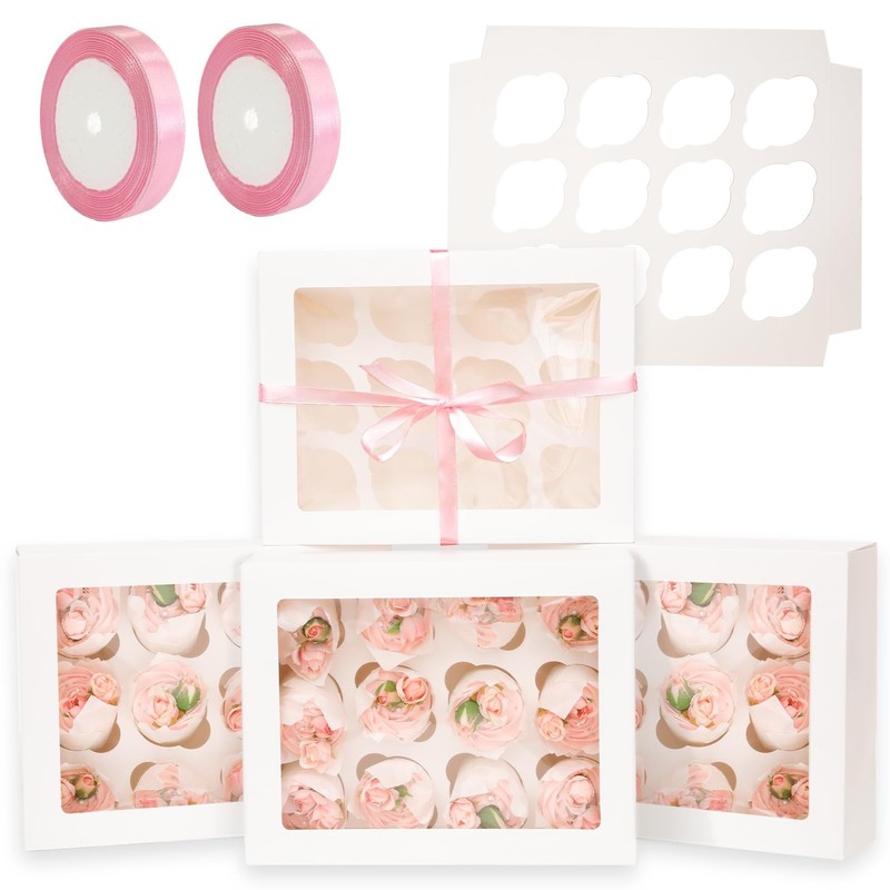 40PCS Auto Pop-Up Cupcake Boxes with Window - 12 Count Carrier, 13"x10"x3.5", Pi gallery