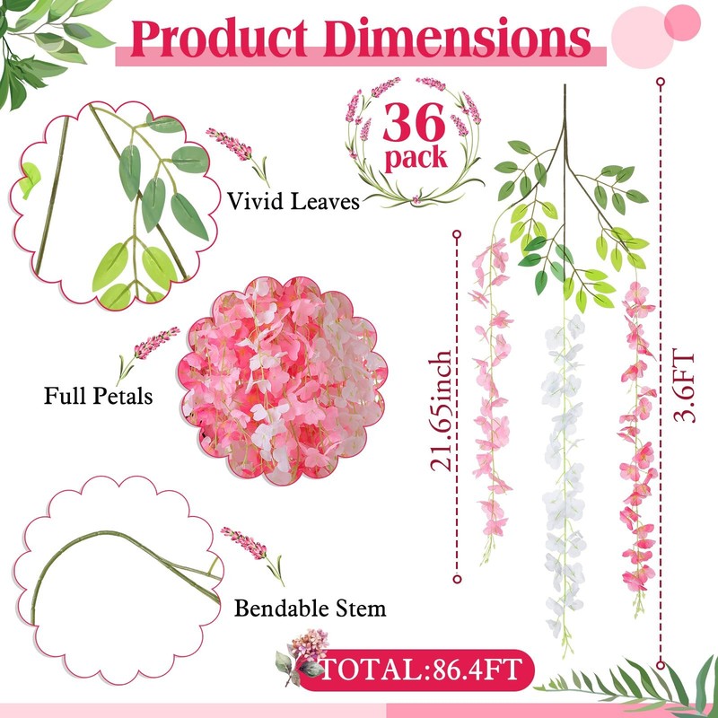 Thiccywoov 36 Pcs Wisteria Hanging Flowers 3.6 Feet Artificial Fake Wisteria gallery