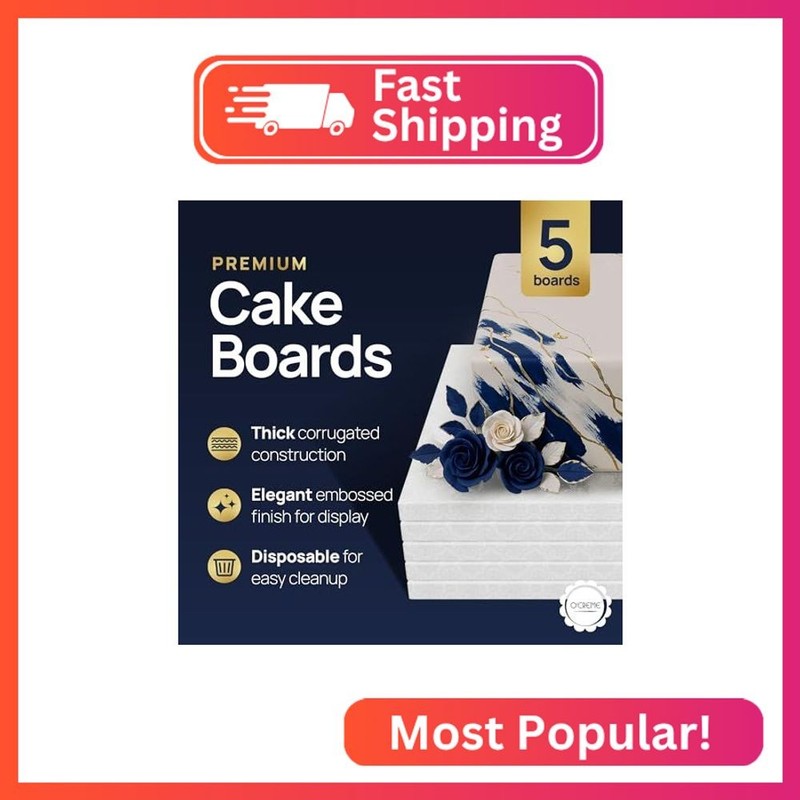 O'CREME White Square Cake Pastry Drum Board 1/2 Inch Thick, 9" x 9" - Pack of 5 gallery