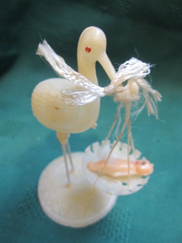 Vtg Celluloid 4-1/4" tall 1960s Stork w/Baby Shower Gift Decoration Cake Topper gallery