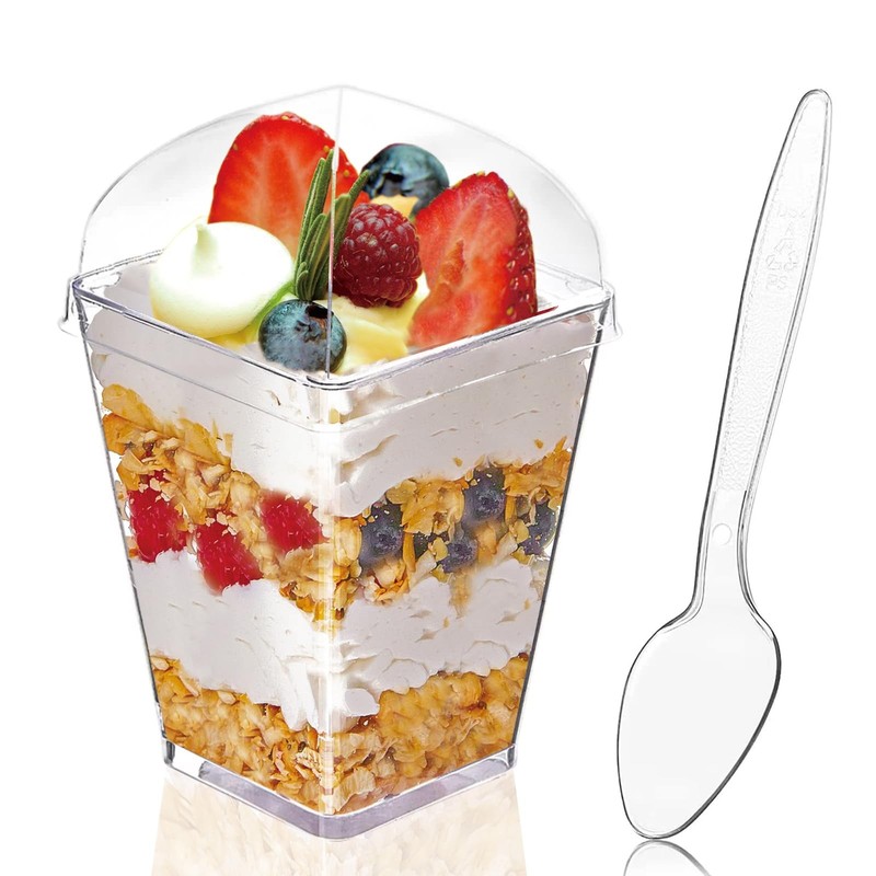 50Pack 5oz Square Plastic Dessert Cups with Lids and Spoons, Reusable Mini Cups