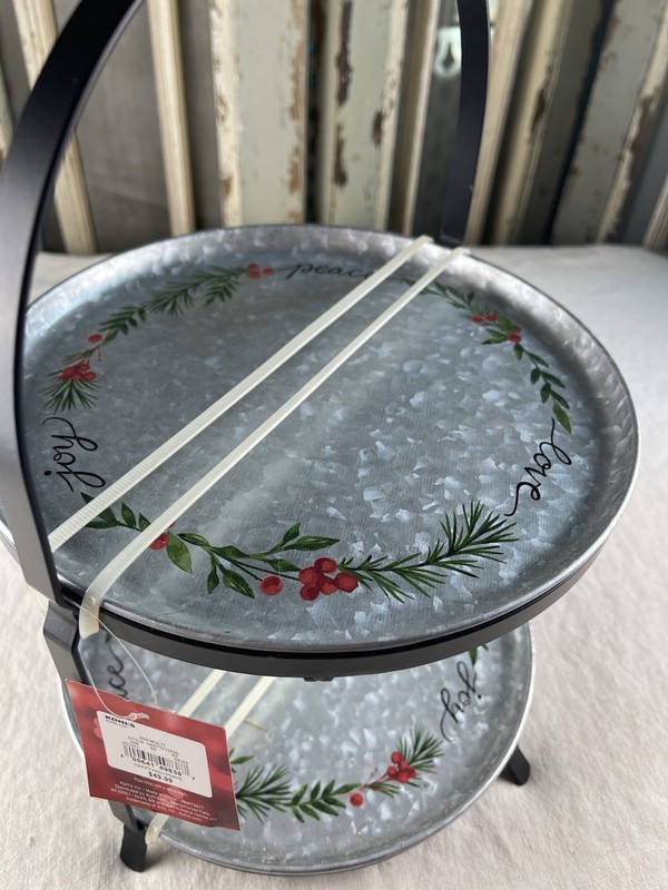Two Tier Christmas Tart Cupcake Dessert Stand Metal Plates New W/Tags gallery