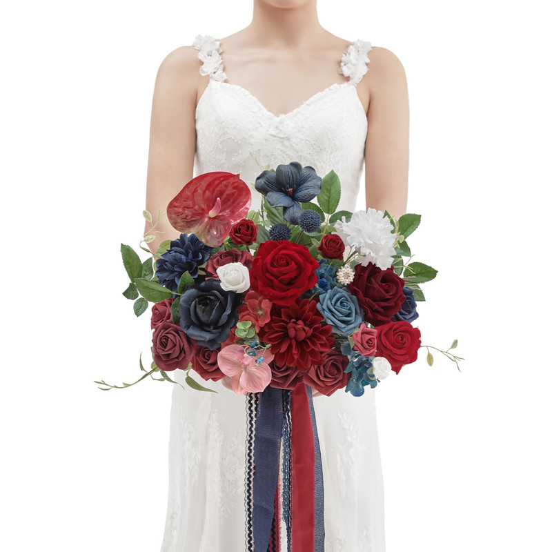 Tinge Time 11 Inch Wedding Bouquets For Bride Burgendy Navy Artificial Flowers