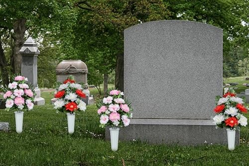 Artificial Cemetery Flowers, Spring Memorial Bouquet with Pink&red-9 Flowers gallery