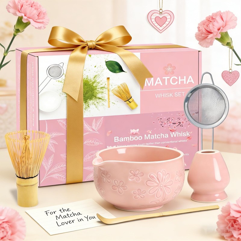 Matcha Whisk Set, Pink Ceramic Matcha Making Kit with Traditional Bamboo Whis... gallery