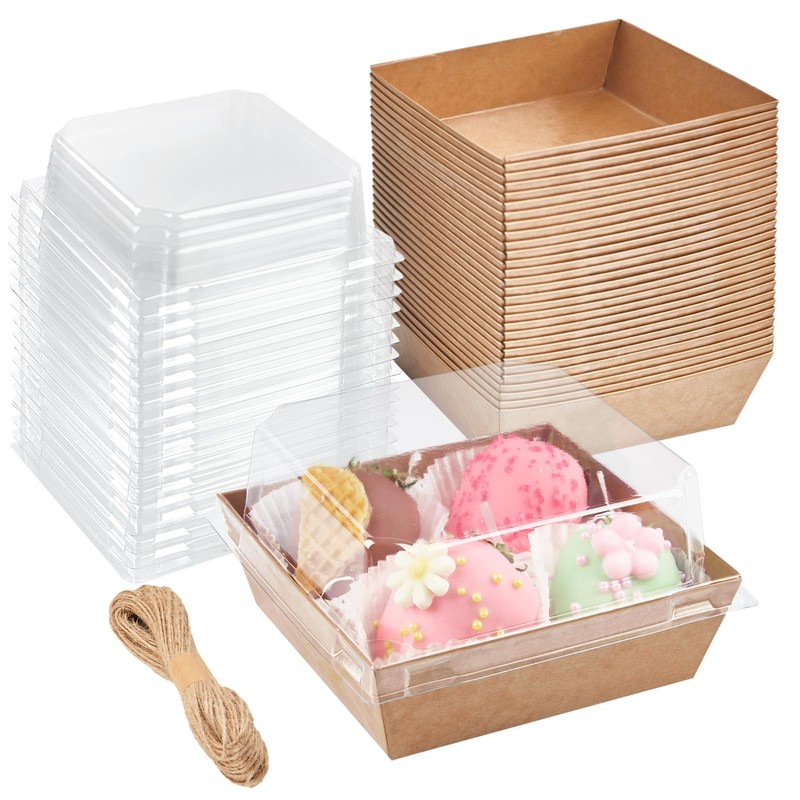 50 PCS Small Paper Charcuterie Boxes With Clear Lids 44 Inch Bakery Brown