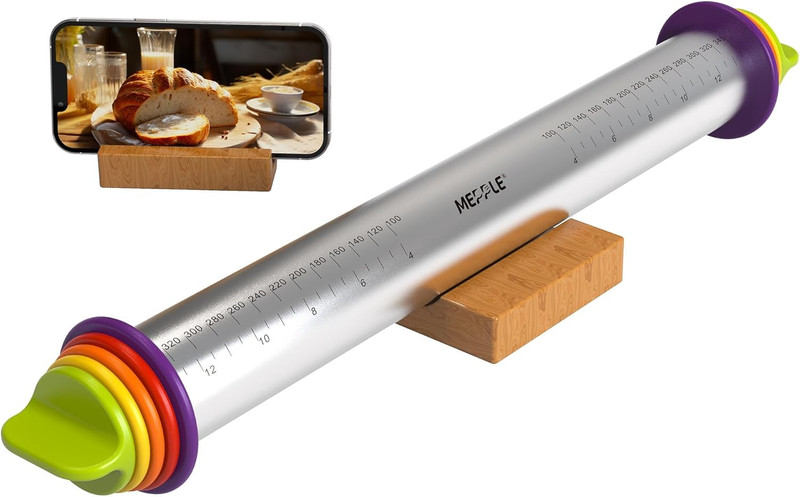 Stainless Steel Rolling Pin with Thickness Rings for Fondant, Pizza, Cookie, Pas