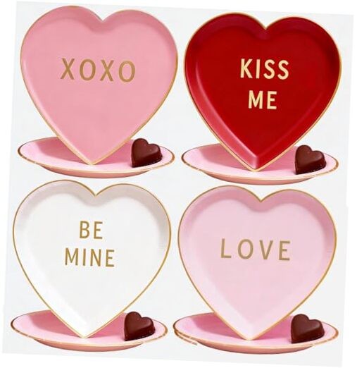 48pcs Heart Shape Valentines Day Paper Plate, 9 inch Pink Red pure color word