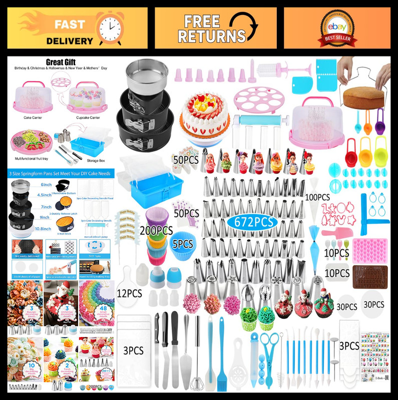 Cake Decorating Kit – 672 Pcs Supplies, Icing Piping Nozzles, Cake Carrier & Tur