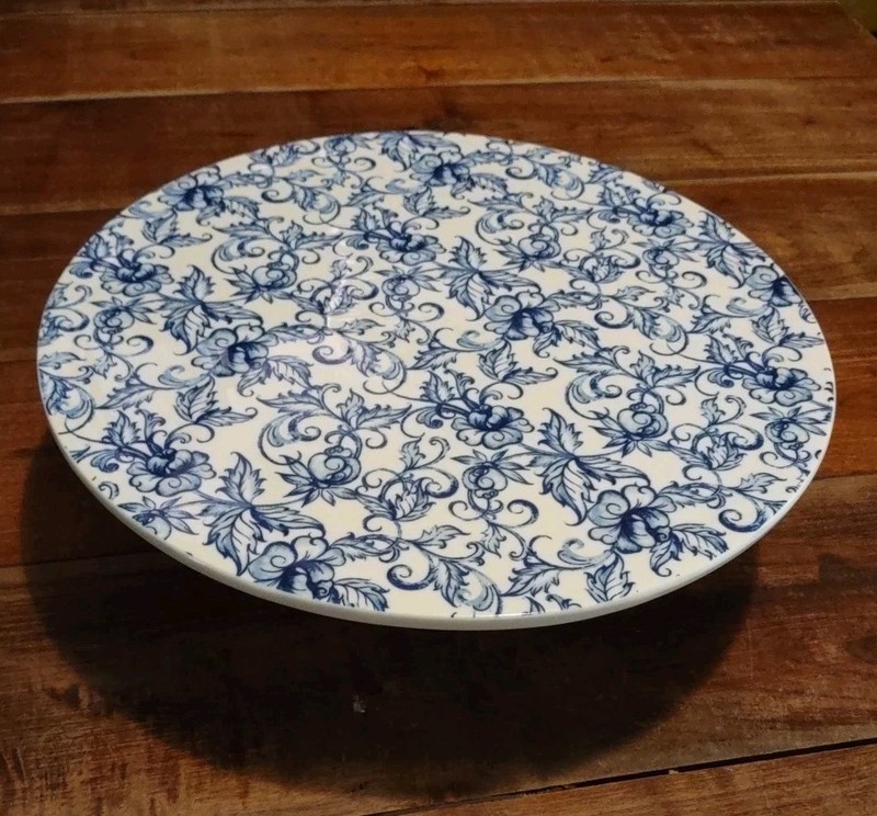 Vintage Blue & White 13″ Floral Ceramic Pedestal Cake Stand Round Rustic