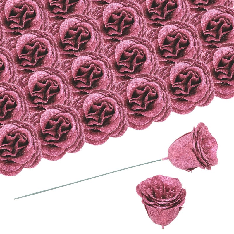 50pcs Ate Roses Fake Flowers Artificial Flowers with Deep Pink Stems