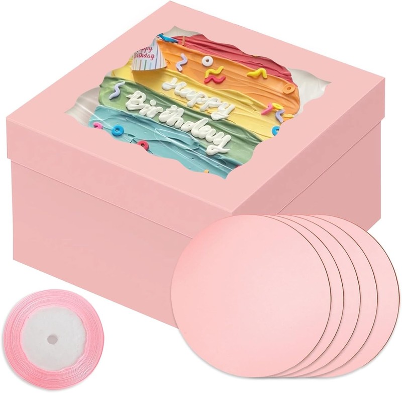18 Sets 12x12x8" Matte Pink Cake Boxes with Window 12" Boards Ribbon