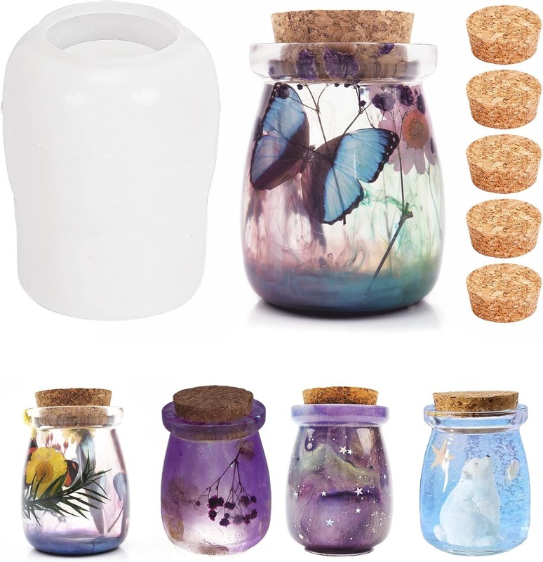 Jar Resin Molds Silicone with 5pcs Cork Lids, Cute Bottle Silicone Molds for