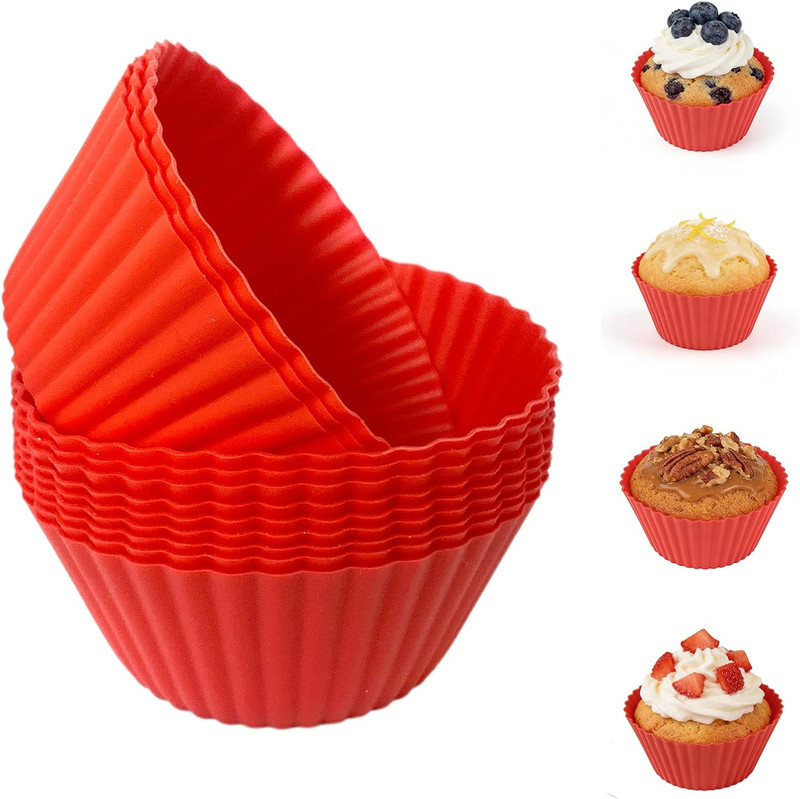 12 Pack Red Silicone Cupcake Liners Muffin Cups Reusable Nonstick Baking Molds