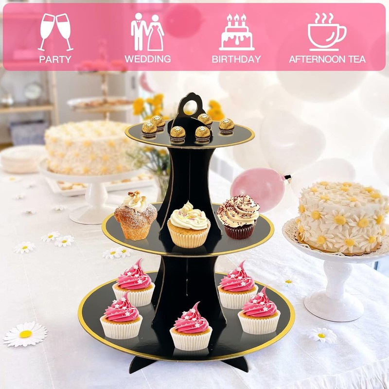 3-Tier Black Gold Cardboard Round Cupcake Display Stand gallery