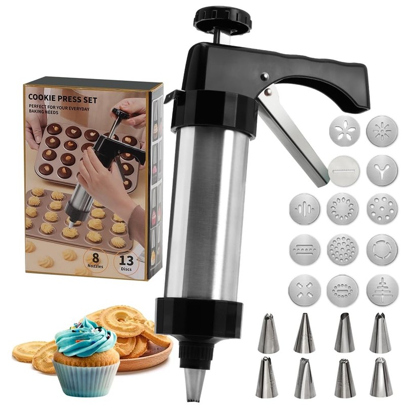 Stainless Steel Cookie Press Gun Kit, 13 Discs & 8 Tips, Silver
