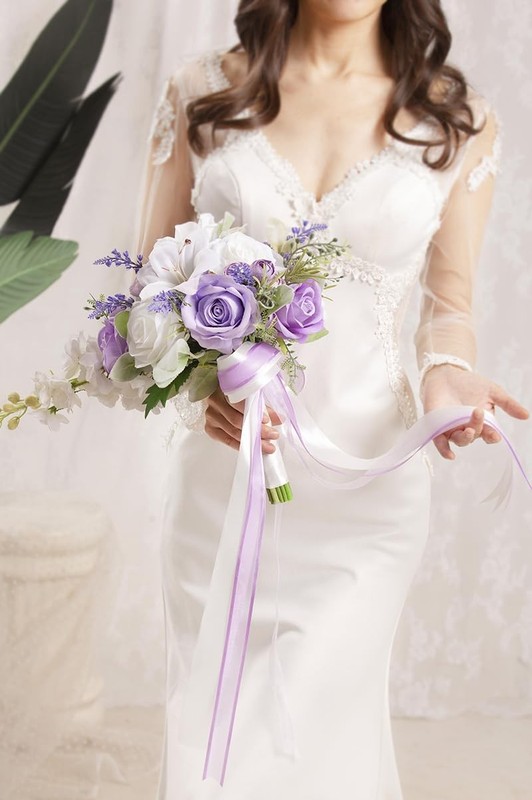 Floinla Bridal Bouquet Cascading Lilac Wedding Bouquets For Bride Bridesmaid 10 gallery