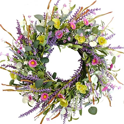 Spring Summer Wild Flower Artificial Daisy Front Door Wreath, Everyday 20 Inch