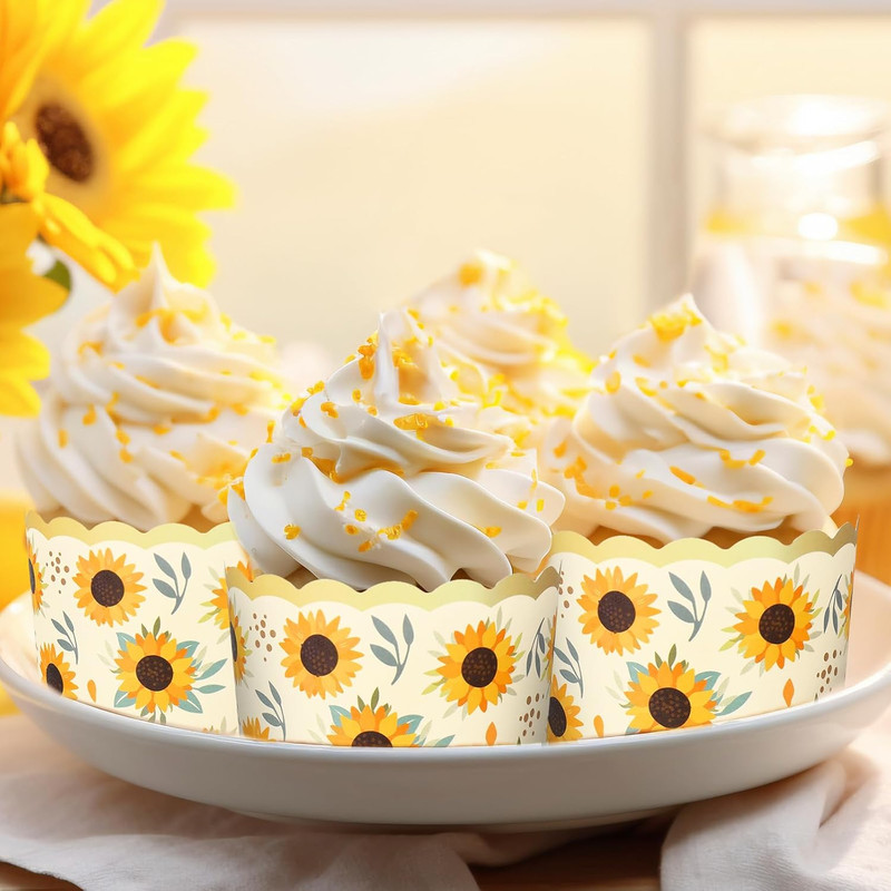100 Pcs Summer Sunflower Paper Baking Cups with Scalloped Gold Rim Yellow Green gallery
