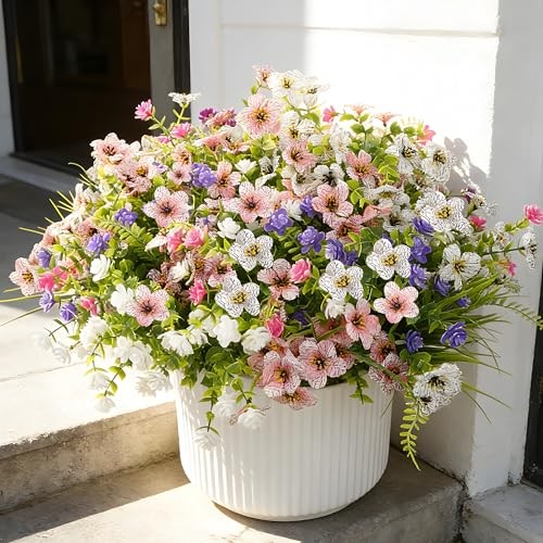 Fake Flowers for Outdoor UV Resistant 24 pcs Pink ＆ White （with Green Ferns） gallery