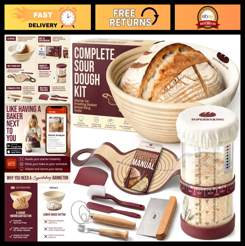 Sourdough Starter Kit with Banneton Proofing Basket, Silicone Dough Sling & Jar
