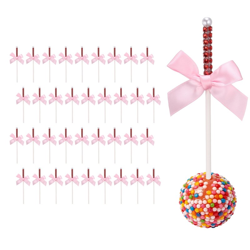 36 Pcs Bling Rhinestone Cake Sticks, Bow Lollipop Cake Toppers Pick, Pink
