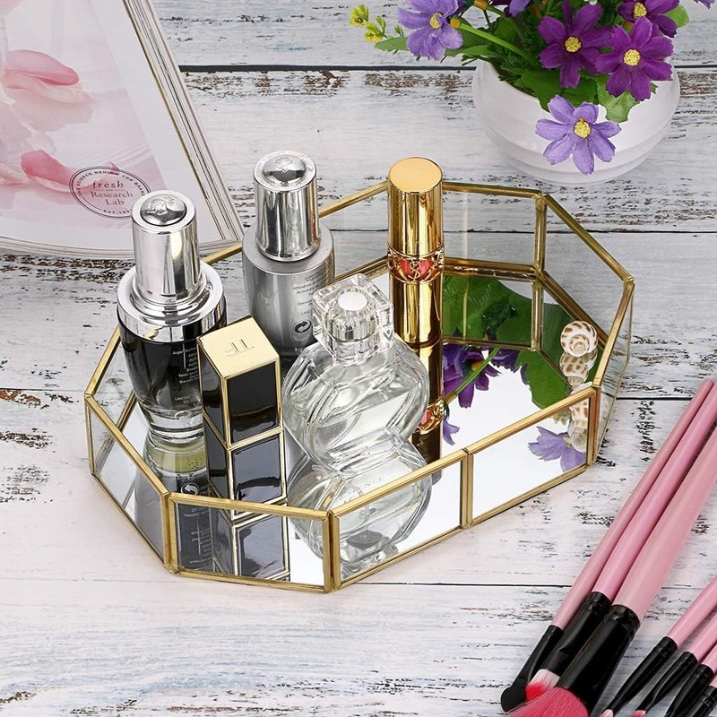 Hipiwe Mirror Glass Vanity Tray - Gold Ornate Makeup 8 x 5.7 x 1.8, gallery