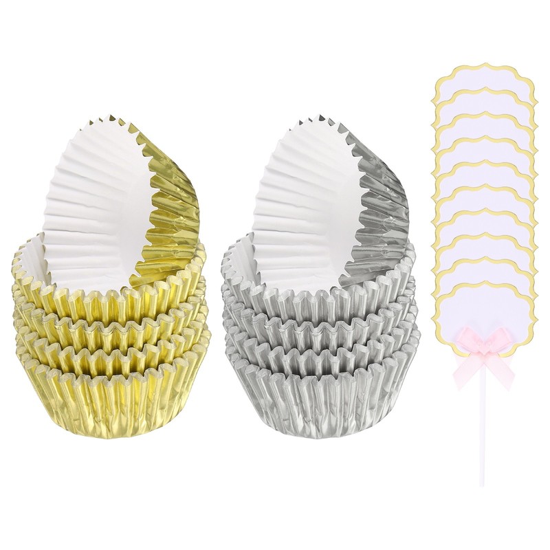 Foil Cupcake Liners 200Pcs with 10Pcs Cake Toppers for Baking, Silver/Gold