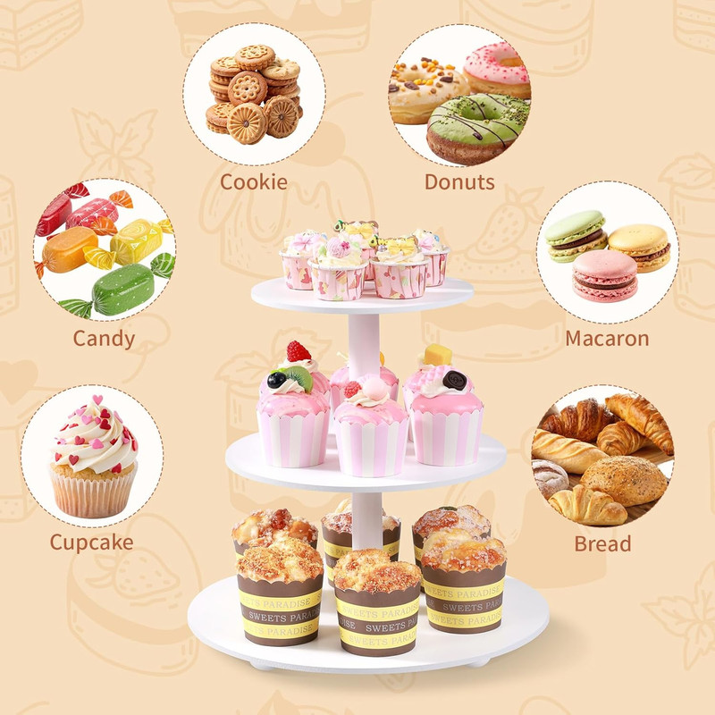 3-Tier Wooden Cupcake Stand:12In White round Tiered Cake Stand,Dessert Display f gallery
