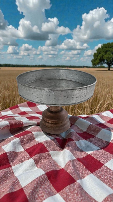 Farmhouse 10” Galvanized Metal Pedestal Tray Wood Base Rustic Cake Stand