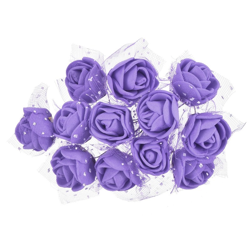 144Pcs Miniature Artificial Roses 0.98" with Stem and Gauze, Purple for Decorating