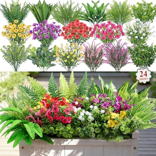 Pcs Artificial Plants Flowers for Outdoors, Realistic 24 Redrosypurpleyellow gallery